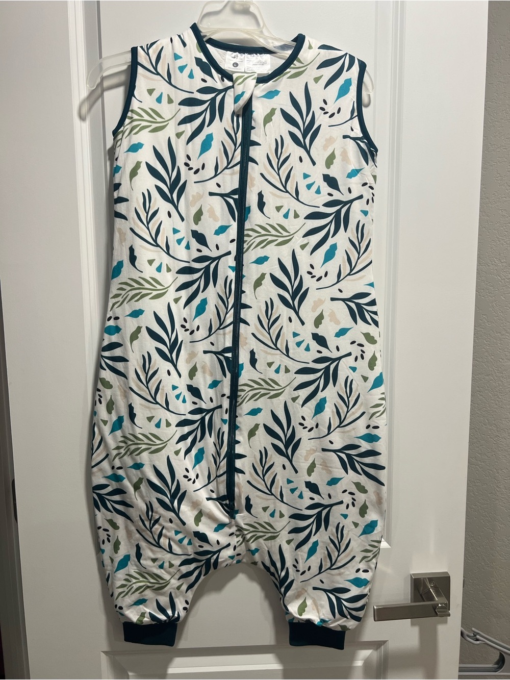 Sleeveless White Baby Sleep Sack with legs with Blue and Green Leaf Print